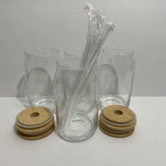4-Piece Eco-Friendly Glasses Set with Bamboo Lids & Glass Straws 16oz Can Shaped - Picture 2 of 5
